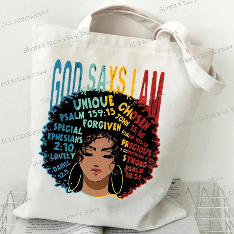 "Juneteenth Is My Independence Day" Women's Canvas Tote Bag Black Girl Cartoon Shopping Bag Black History Culture Shoulder Bag