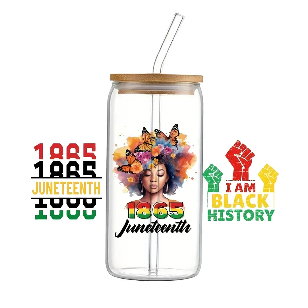 24x11cm Juneteenth 3D UV DTF Wraps Transfer Sticker DIY For 16oz Libbey Glass Cup Waterproof Wrap Transfers Decals Coffee Cup