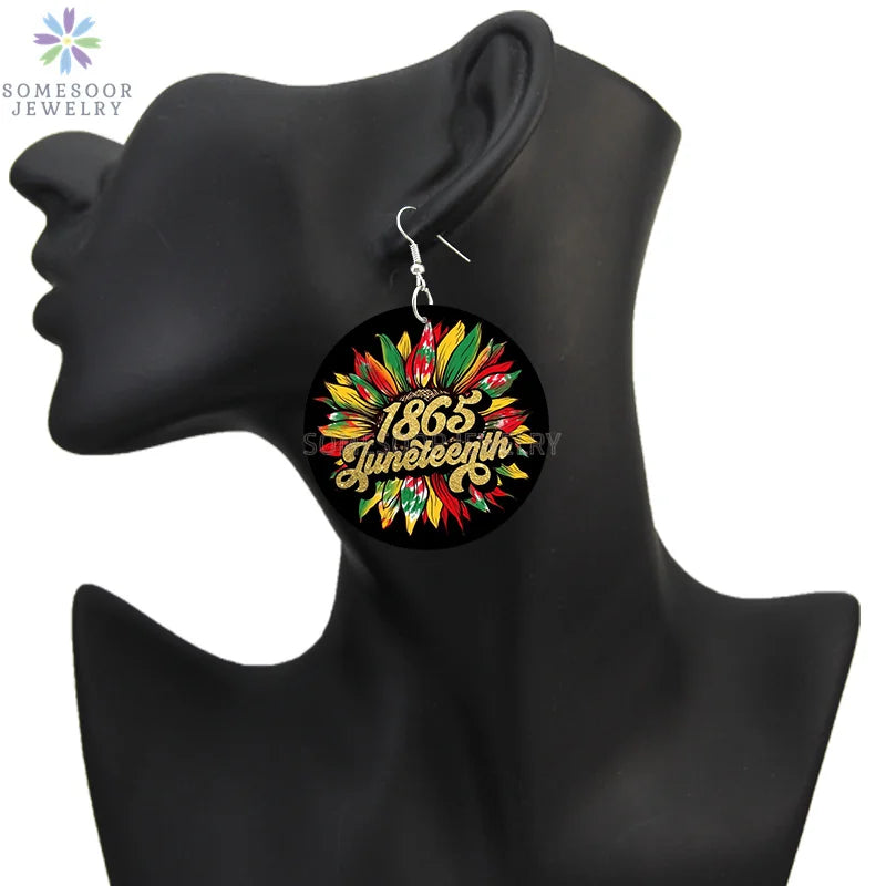 SOMESOOR I Am Black 1865 Juneteenth Day Wooden Drop Earrings For Women Gifts Rainbow Printing Fashion Loops Wood Ear Jewelry