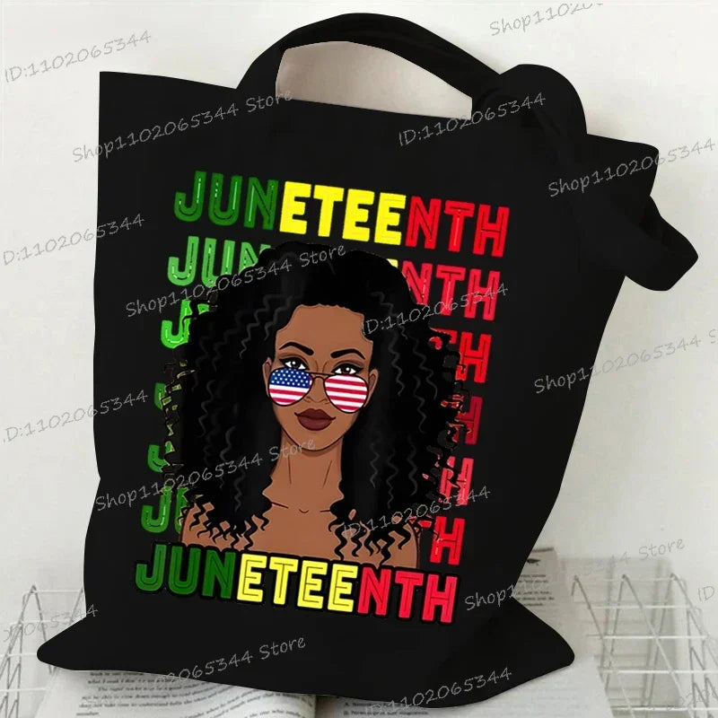 "Juneteenth Is My Independence Day" Women's Canvas Tote Bag Black Girl Cartoon Shopping Bag Black History Culture Shoulder Bag