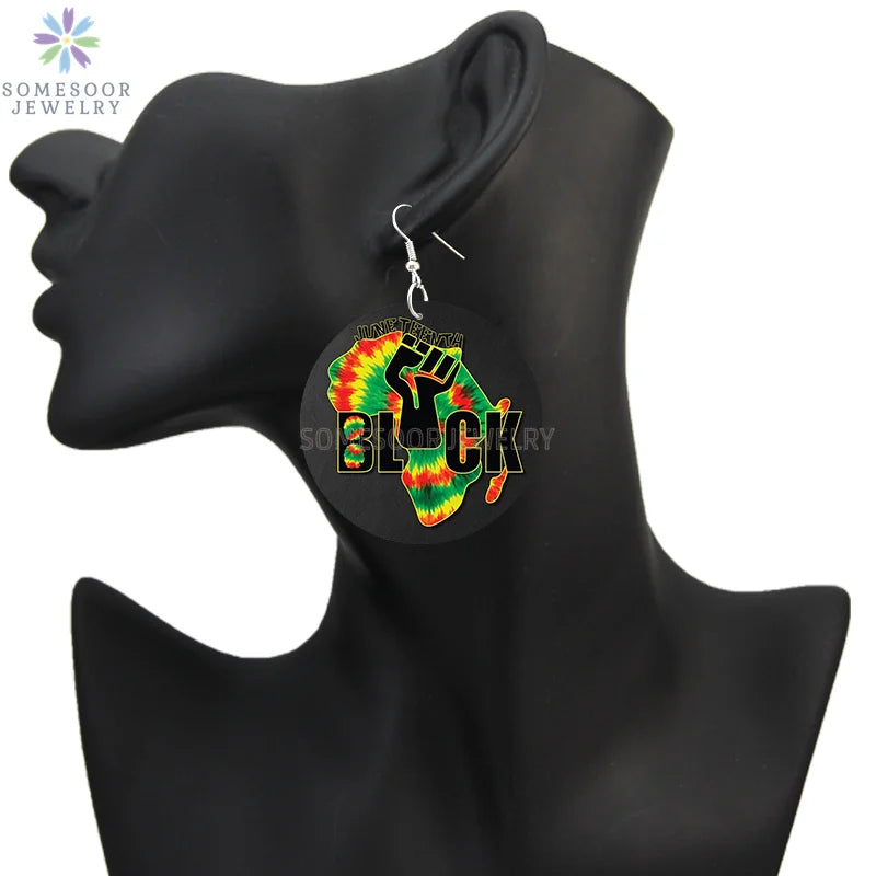 SOMESOOR I Am Black 1865 Juneteenth Day Wooden Drop Earrings For Women Gifts Rainbow Printing Fashion Loops Wood Ear Jewelry