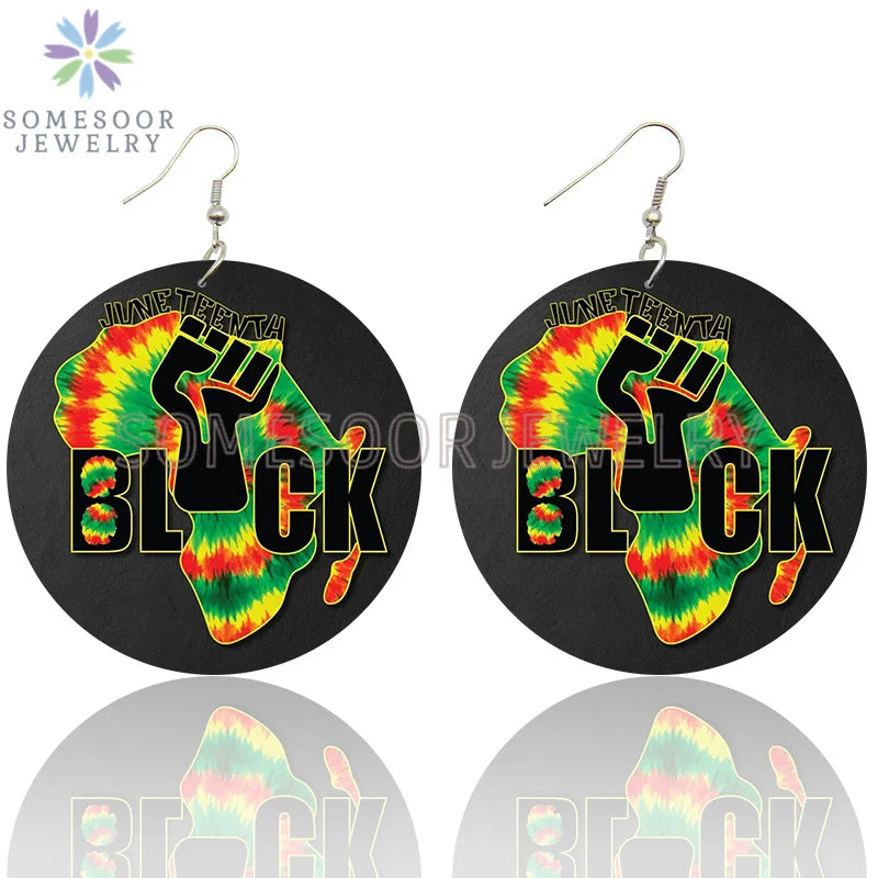 SOMESOOR I Am Black 1865 Juneteenth Day Wooden Drop Earrings For Women Gifts Rainbow Printing Fashion Loops Wood Ear Jewelry