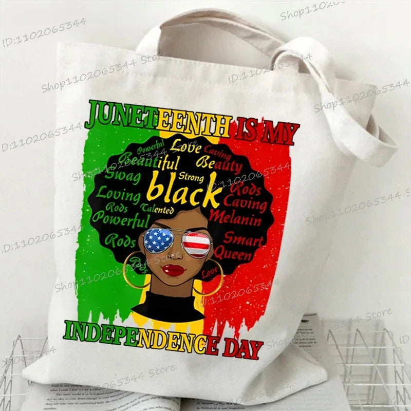 "Juneteenth Is My Independence Day" Women's Canvas Tote Bag Black Girl Cartoon Shopping Bag Black History Culture Shoulder Bag