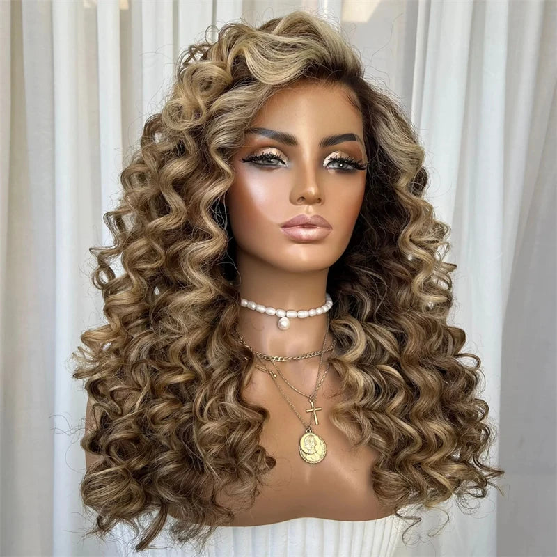 Lace Front Deep Curly Synthetic Wig for Women Dark Brown Glueless Lace Wig Heat Resistant Fiber Pre Plucked Hairline Party Daily