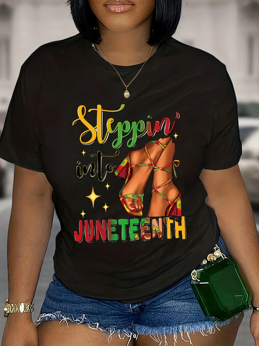 Juneteenth Themed Printed T-shirt, Casual Crew Neck Short Sleeve T-shirt For Spring & Summer, Women's Clothing