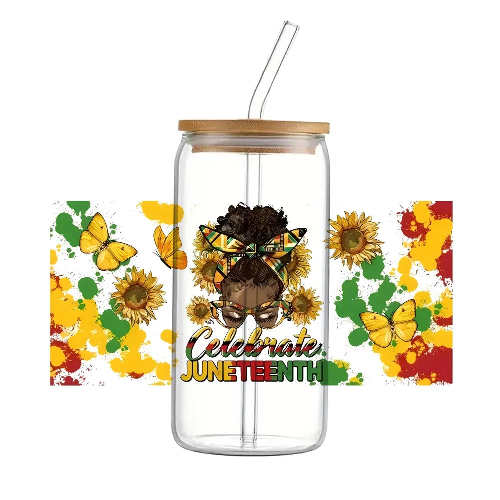 24x11cm Juneteenth 3D UV DTF Wraps Transfer Sticker DIY For 16oz Libbey Glass Cup Waterproof Wrap Transfers Decals Coffee Cup