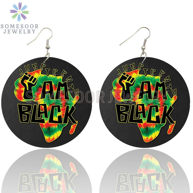 SOMESOOR I Am Black 1865 Juneteenth Day Wooden Drop Earrings For Women Gifts Rainbow Printing Fashion Loops Wood Ear Jewelry