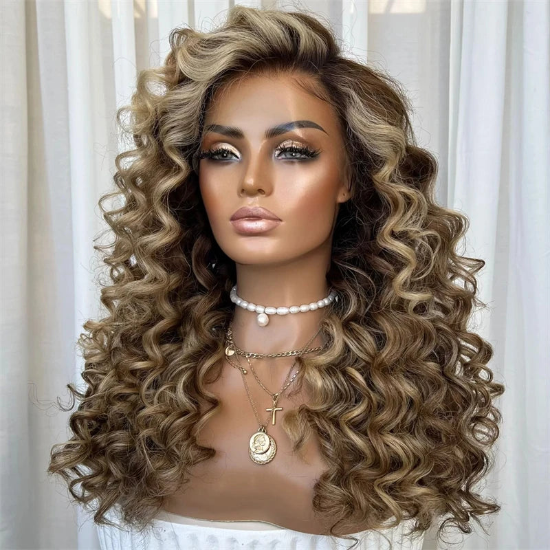 Lace Front Deep Curly Synthetic Wig for Women Dark Brown Glueless Lace Wig Heat Resistant Fiber Pre Plucked Hairline Party Daily