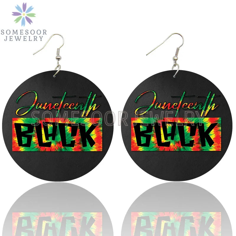 SOMESOOR I Am Black 1865 Juneteenth Day Wooden Drop Earrings For Women Gifts Rainbow Printing Fashion Loops Wood Ear Jewelry