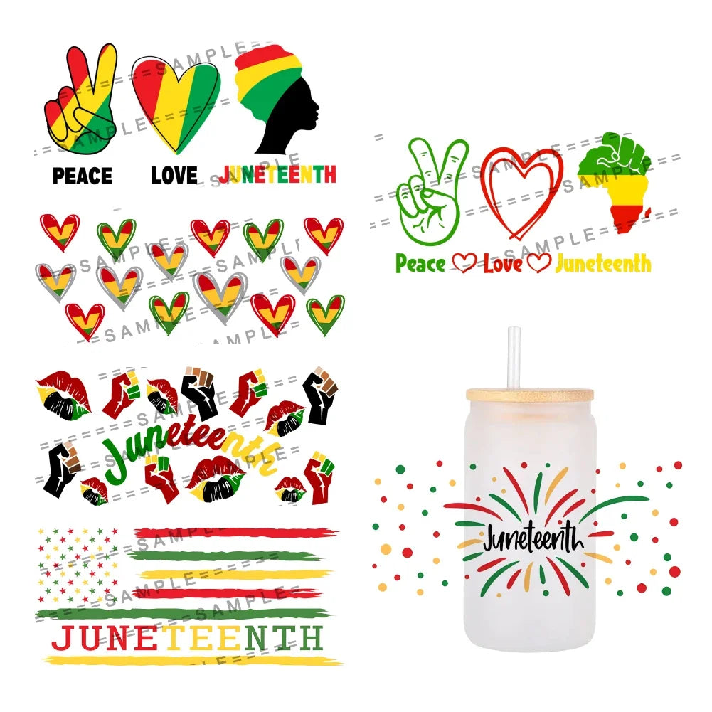 24x11cm Juneteenth 3D UV DTF Wraps Transfer Sticker DIY For 16oz Libbey Glass Cup Waterproof Wrap Transfers Decals Coffee Cup