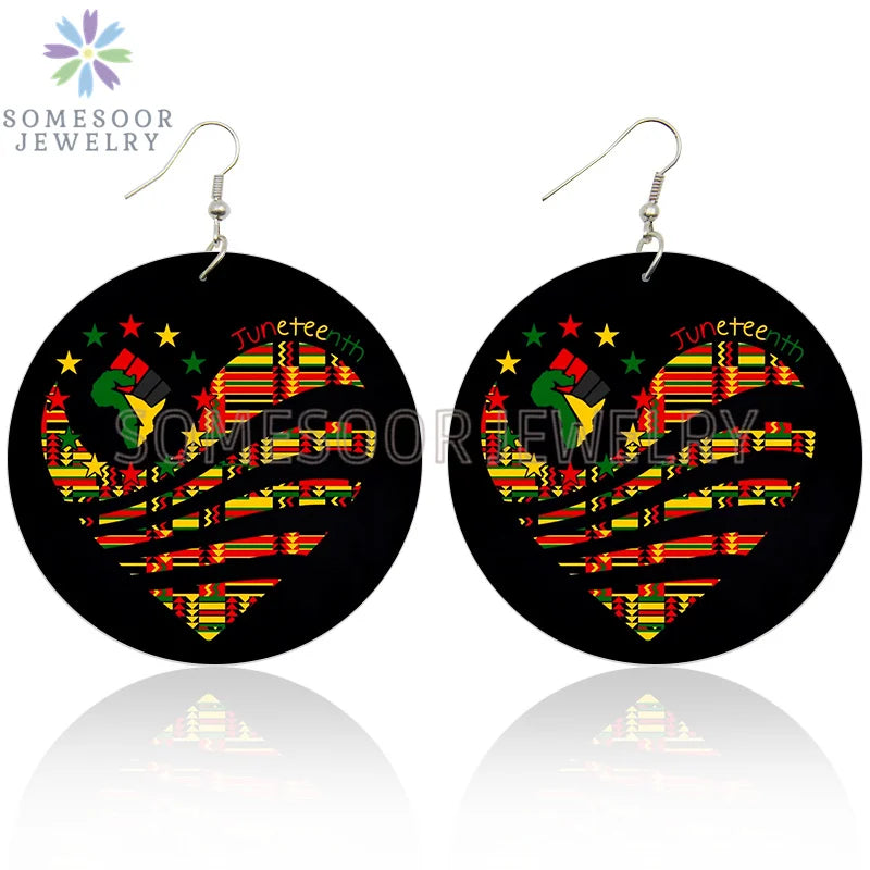 SOMESOOR 6Pairs Juneteenth Vibes Design Wooden Drop Earrings Jewelry For Black Women African Colors Round Pendant Loops Dangle
