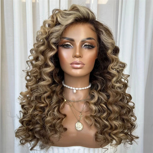 Lace Front Deep Curly Synthetic Wig for Women Dark Brown Glueless Lace Wig Heat Resistant Fiber Pre Plucked Hairline Party Daily