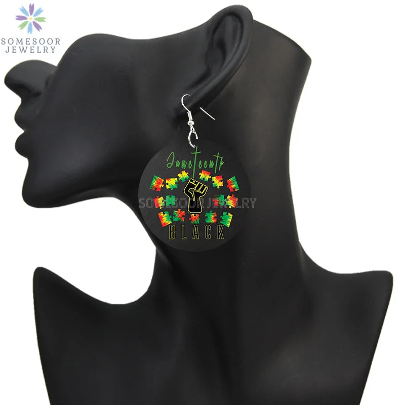 SOMESOOR I Am Black 1865 Juneteenth Day Wooden Drop Earrings For Women Gifts Rainbow Printing Fashion Loops Wood Ear Jewelry