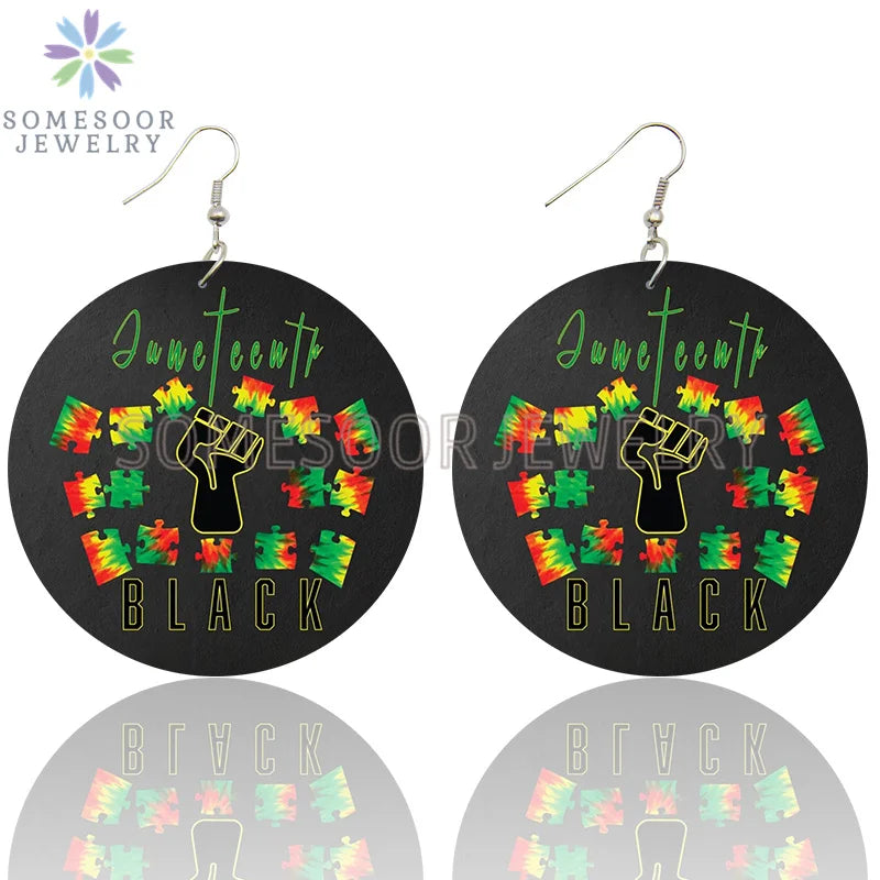 SOMESOOR I Am Black 1865 Juneteenth Day Wooden Drop Earrings For Women Gifts Rainbow Printing Fashion Loops Wood Ear Jewelry
