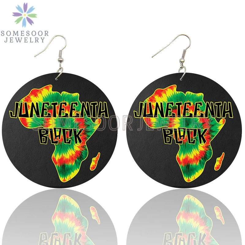SOMESOOR I Am Black 1865 Juneteenth Day Wooden Drop Earrings For Women Gifts Rainbow Printing Fashion Loops Wood Ear Jewelry