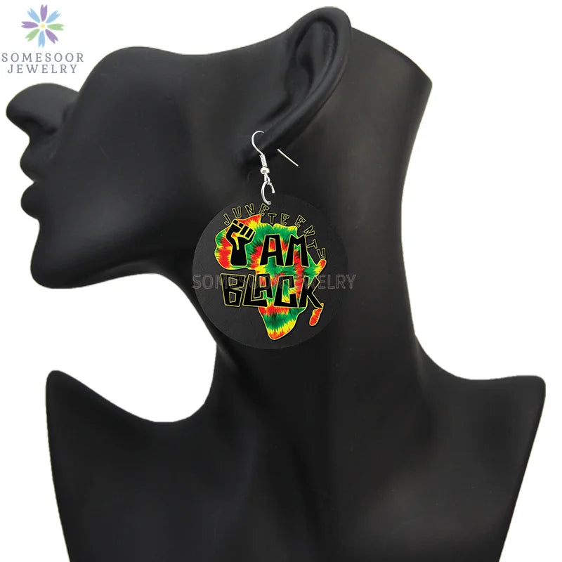 SOMESOOR I Am Black 1865 Juneteenth Day Wooden Drop Earrings For Women Gifts Rainbow Printing Fashion Loops Wood Ear Jewelry