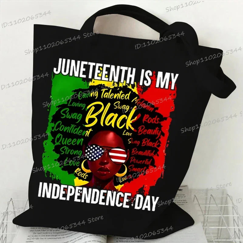"Juneteenth Is My Independence Day" Women's Canvas Tote Bag Black Girl Cartoon Shopping Bag Black History Culture Shoulder Bag