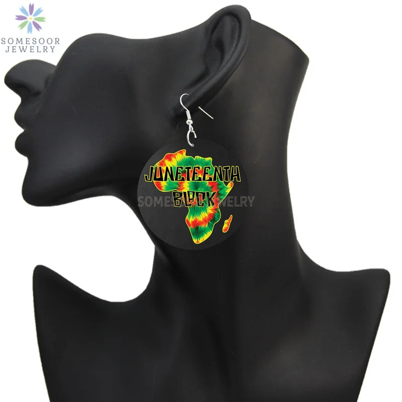 SOMESOOR I Am Black 1865 Juneteenth Day Wooden Drop Earrings For Women Gifts Rainbow Printing Fashion Loops Wood Ear Jewelry