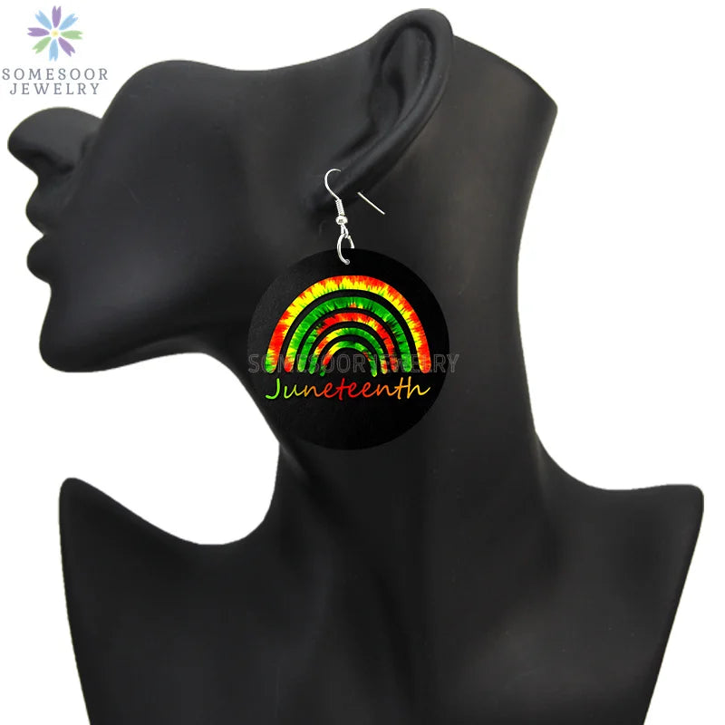 SOMESOOR I Am Black 1865 Juneteenth Day Wooden Drop Earrings For Women Gifts Rainbow Printing Fashion Loops Wood Ear Jewelry