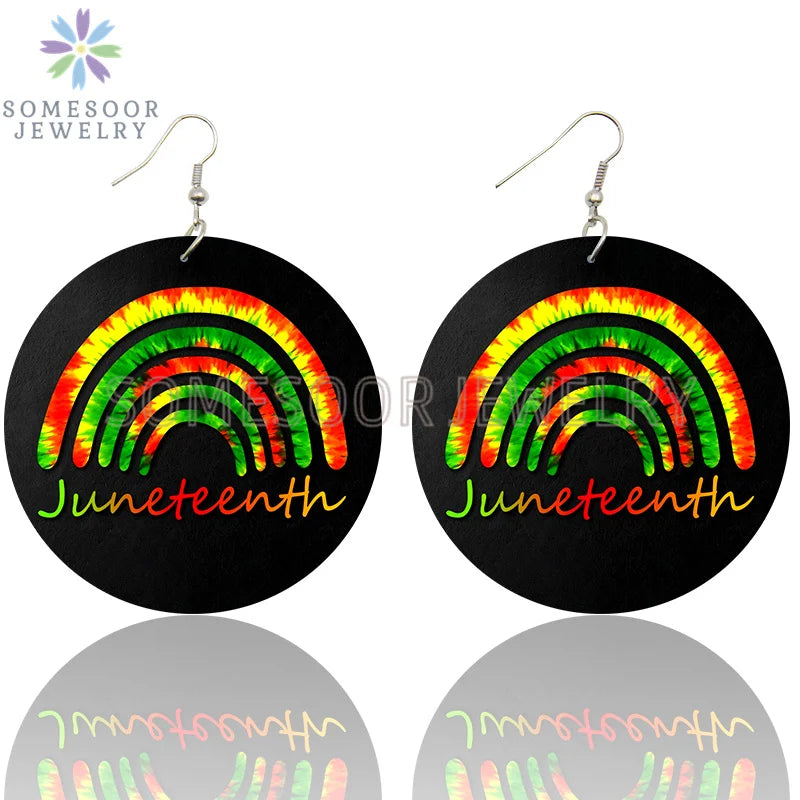 SOMESOOR I Am Black 1865 Juneteenth Day Wooden Drop Earrings For Women Gifts Rainbow Printing Fashion Loops Wood Ear Jewelry