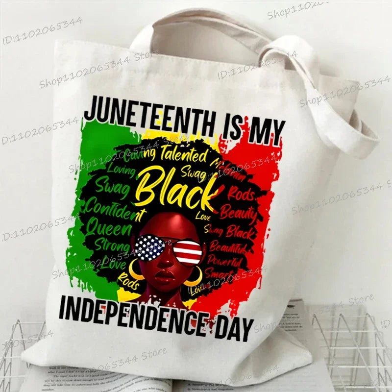 "Juneteenth Is My Independence Day" Women's Canvas Tote Bag Black Girl Cartoon Shopping Bag Black History Culture Shoulder Bag